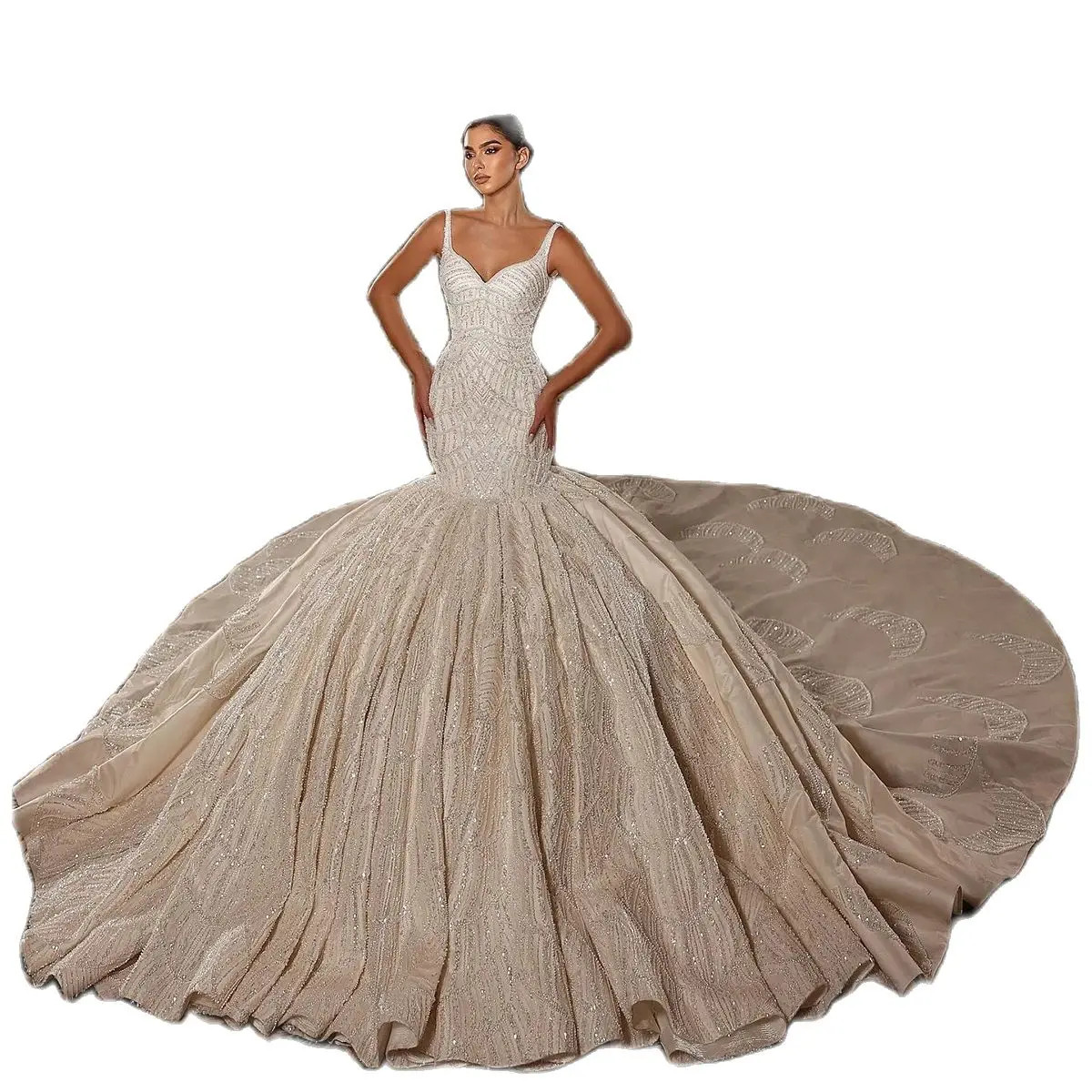 Vintage Mermaid Wedding Dress Lace Sequined Garden Wedding Gowns V Neck Sleeveless Backless Vestido De Noiva