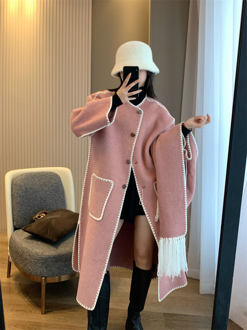 T0te rabbit hair+silk+wool scarf medium length tassel double-sided woolen coat