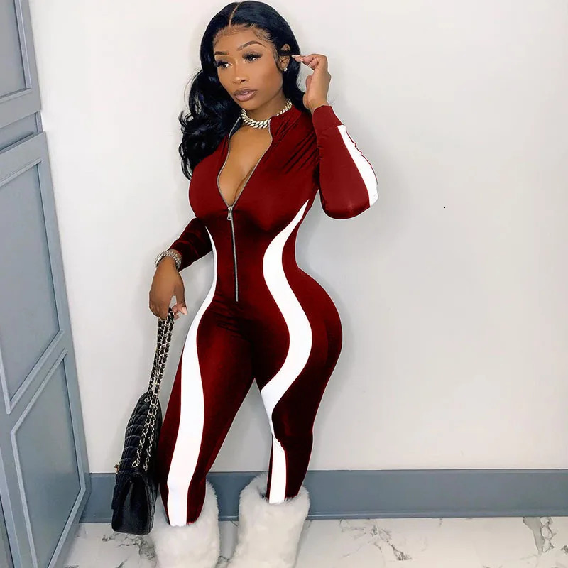 Women's Jumpsuits Rompers Fitness Active Wear Rompers Womens Jumpsuit Striped Zipper Long Sleeve Jumpsuits Skinny Bodycon Overalls for Women Club
