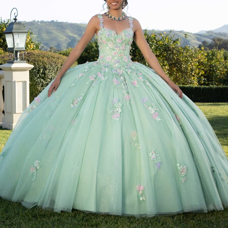Green Shiny Spaghetti Straps Ball Gown Quinceanera Dresses Applique Lace Crystal Beading Ribbons Corset Vestido De Anos