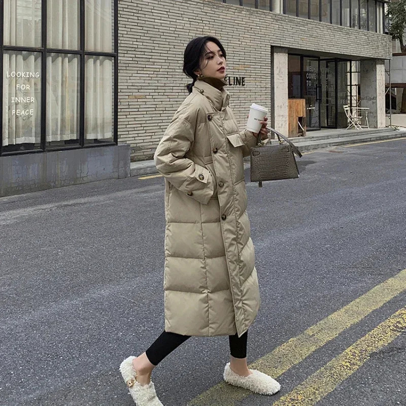 Women's Down Parkas Stand Collar Windproof Coats Winter Women Buttons Big Pockets Long Parka Thickened Warmer Cotton Jacket Korean Puffer 231201