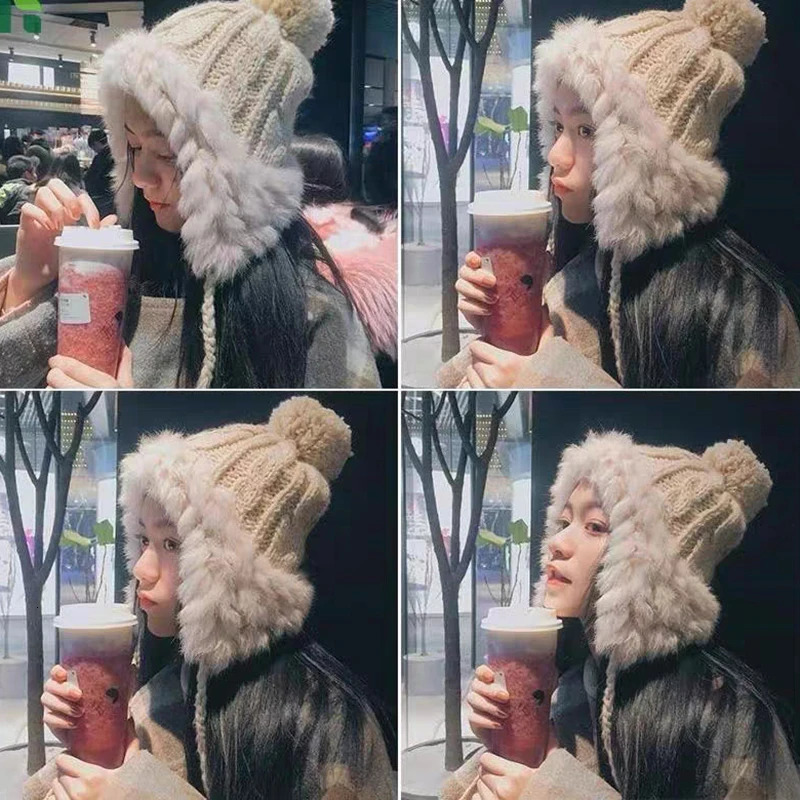 BeanieSkull Caps Rabbit Fur Knitted Russian Hat Warm Ear Flaps Winter Bomber Hat Women Trapper Snow Skiing Caps Winter Fur 231202
