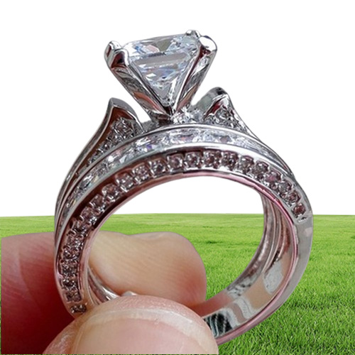Luxury Size 5678910 Jewelry 10kt white gold filled Topaz Princess cut simulated Diamond Wedding Ring set gift with