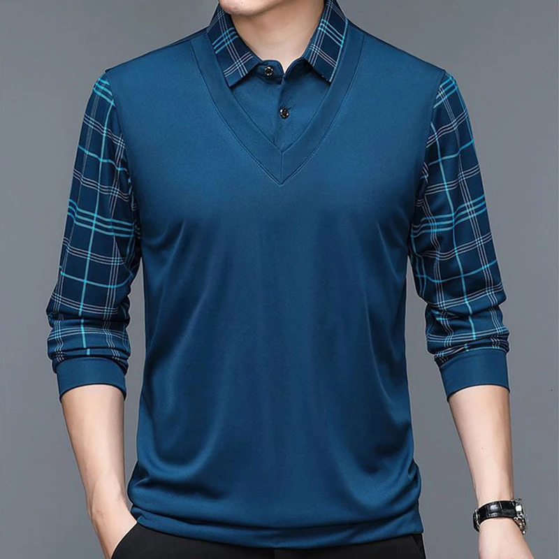 Men's Polos Spring Men's Long Sleeve POLO Shirt Plush Thickened Solid Color Turn-down Collar Shirt Plaid Button Fashion Casual Tops 231202