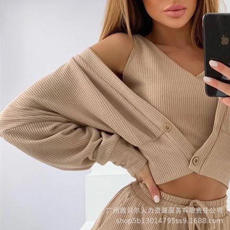 Womens Two Piece Pants Ribbed Crop Top Drawstring Set With Buttoned Coat Three Women Pant Sets Vest V Neck Lace Up Trousers Suits