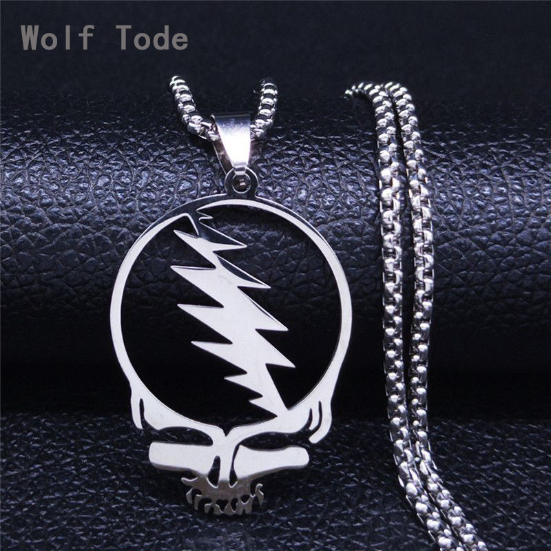 Grateful Dead Skull Stainless Steel Chain Necklace for Men and women Silver steel Color hollow round pendant Necklaces Jewelry Cadenas Mujer bijoux wh