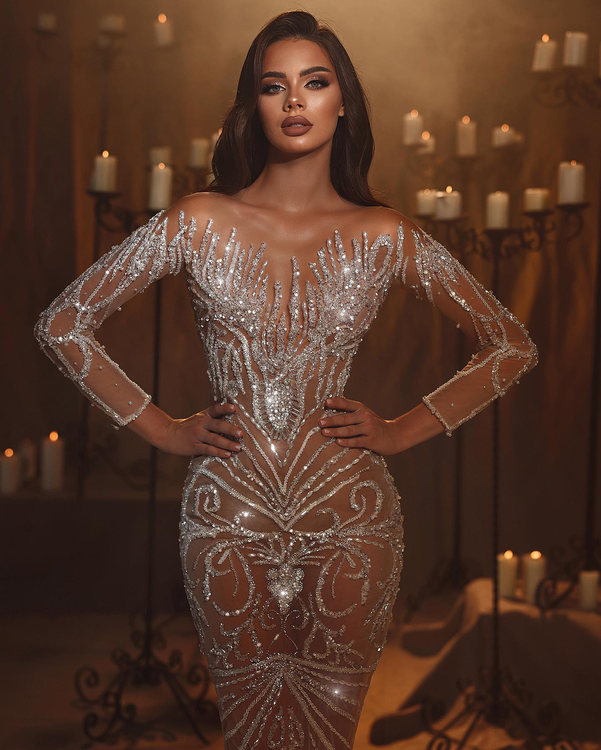 Sparkly Mermaid Beads Wedding Dress Lace See Through Wedding Gowns Full Sleeveless Sequined Vestido De Noiva