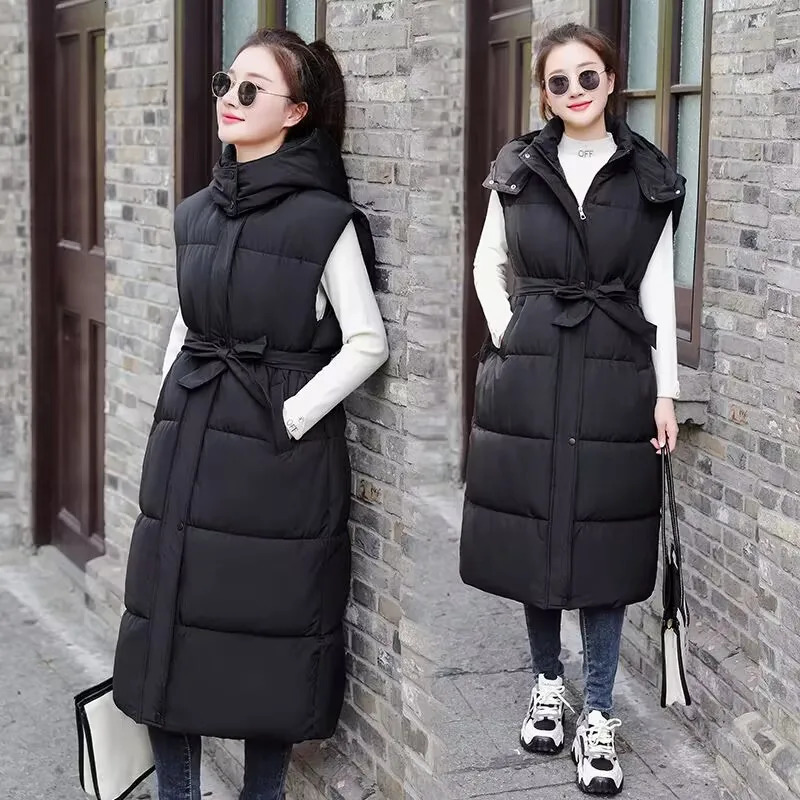 Women's Vests Winter Hooded Vest Woman Long Coat Puffer 2024 Korean Autumn Outwear Belt Female Sleeveless Jacket 231201