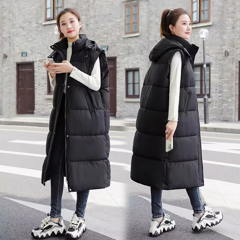 Women's Vests Winter Hooded Vest Woman Long Coat Puffer 2024 Korean Autumn Outwear Belt Female Sleeveless Jacket 231201