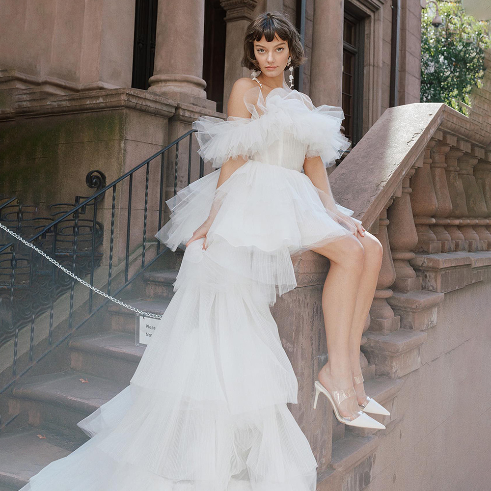 Wedding Dresses 2024 Off Shoulder Pleated Tulle Strapless 2 in 1 Bridal Gown High Low With Detachable Train Vestidos De Novia for Bride