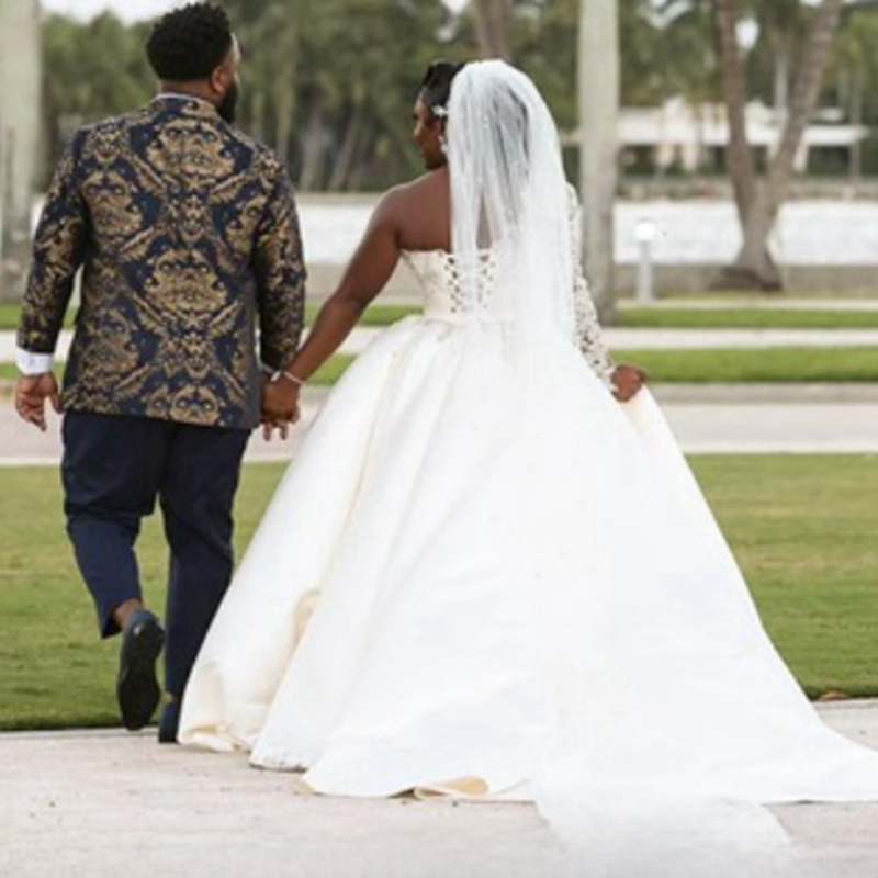 Nigeria African Wedding For Bride Plus Size One Shoulder Long Sleeves Side Split Marriage Dress Black Women Appliqued Lace Bridal Gowns