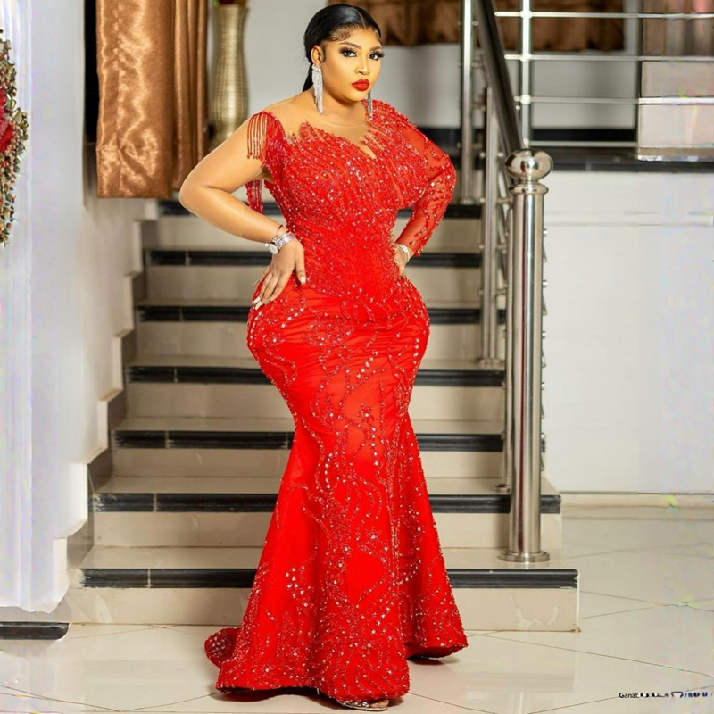 2023 Plus Size Aso Ebi Prom Dresses Mermaid Long Sleeves Jeewel Tulle Birthday Party Dress for Black Girls Second Reception Gala Sparkg Evening Gowns 