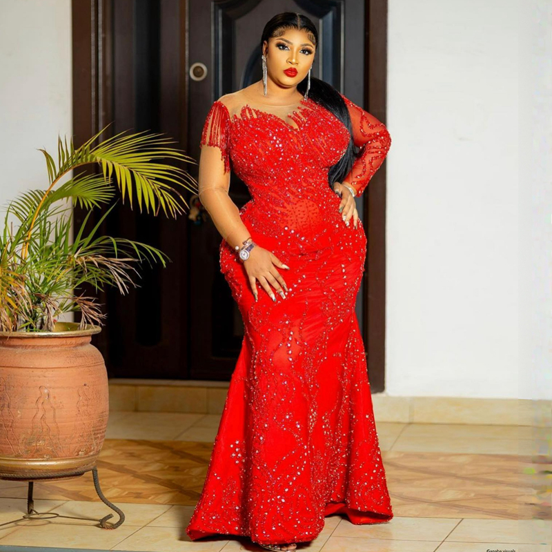 2023 Plus Size Aso Ebi Prom Dresses Mermaid Long Sleeves Jeewel Tulle Birthday Party Dress for Black Girls Second Reception Gala Sparkg Evening Gowns 