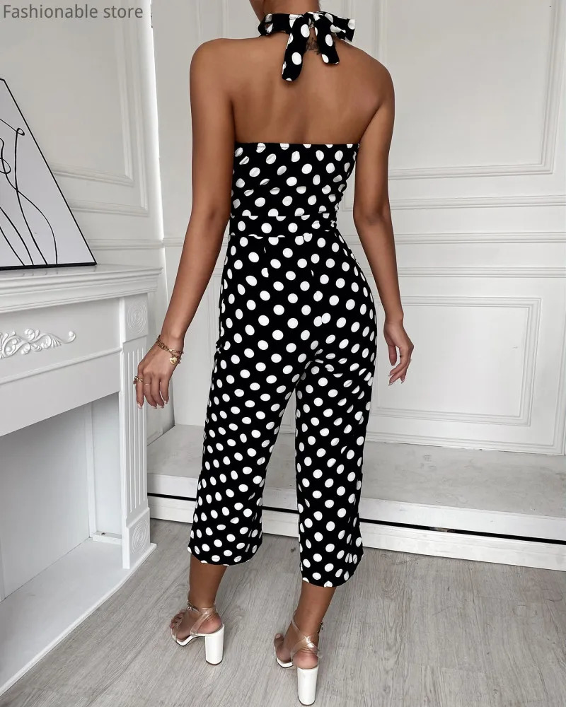 Women's Jumpsuits Rompers Women Polkadot Print Halter Rompers Sexy Sleeveless Backless Lace-up Calf-length Jumpsuits 231202