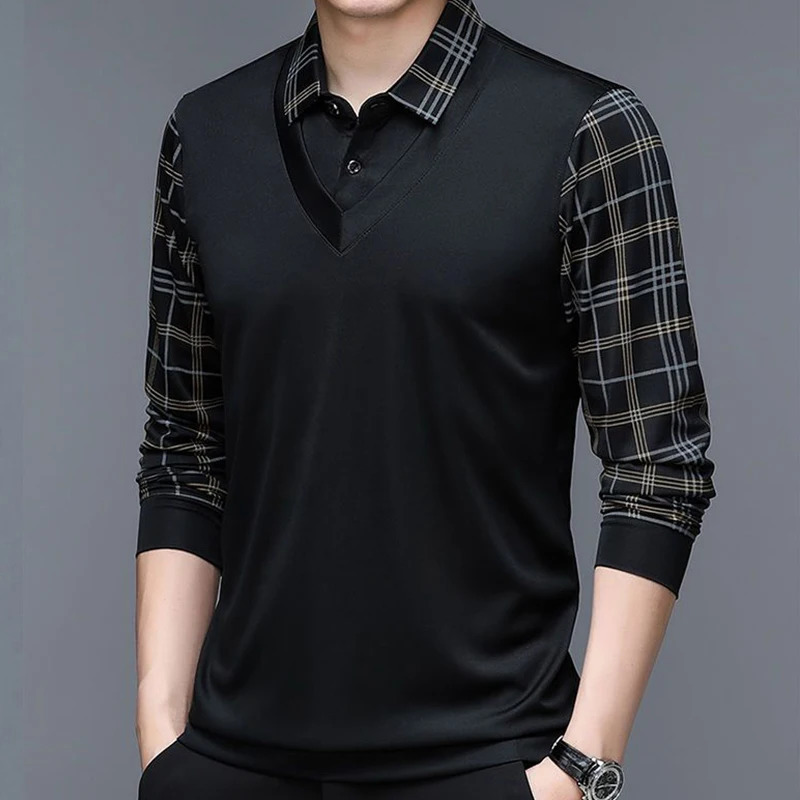 Men's Polos Spring Men's Long Sleeve POLO Shirt Plush Thickened Solid Color Turn-down Collar Shirt Plaid Button Fashion Casual Tops 231202