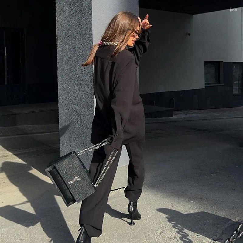 Womens Two Piece Pants Casual Suit 2024 Autumn And Winter Long-sleeved Black Loose Shirt Straight Two-piece Club Clothing Vestidos