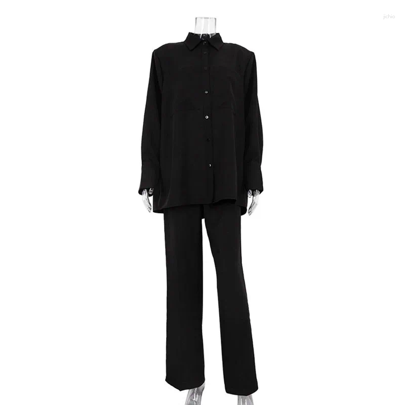 Womens Two Piece Pants Casual Suit 2024 Autumn And Winter Long-sleeved Black Loose Shirt Straight Two-piece Club Clothing Vestidos