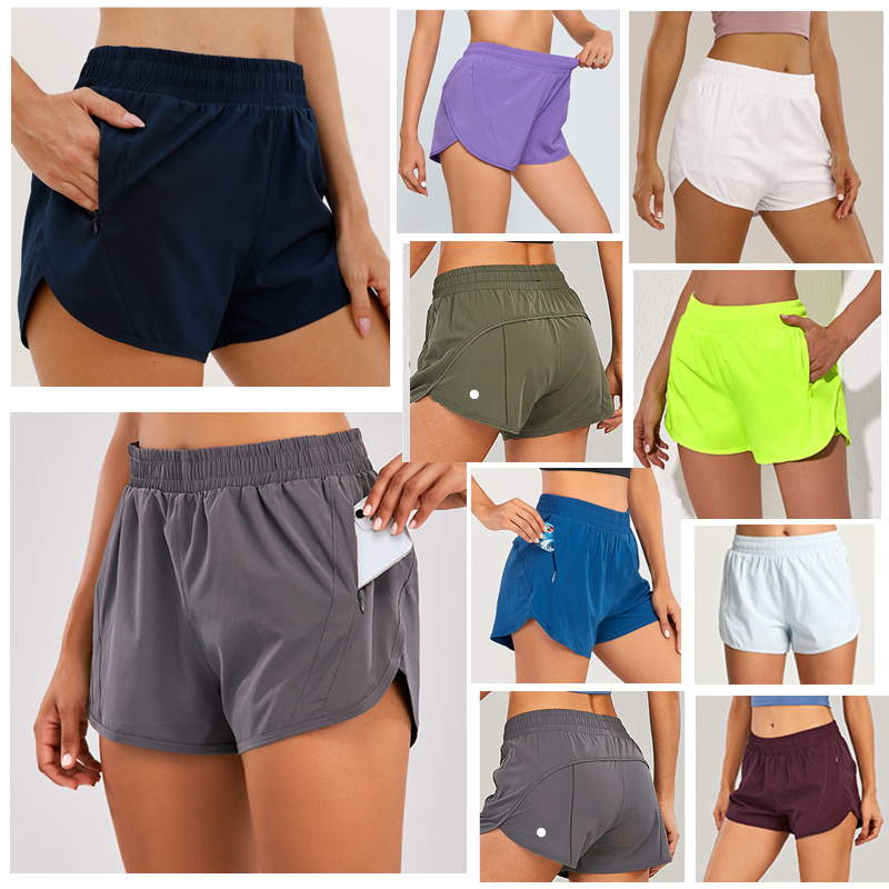 Yoga Short Pants Womens Yoga Outfits High Waist Running Elastic Shorts Exercise Adult Pants Zip Up Drop-in Pockets Girls Sportswear with Continuous Drawcord