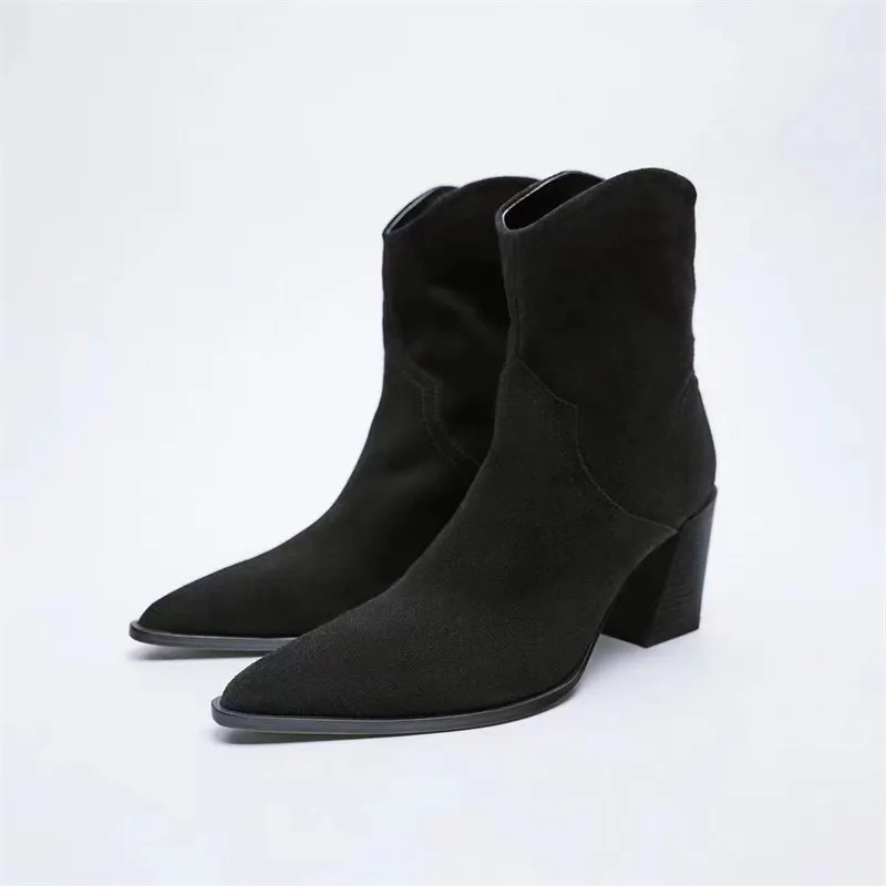 High Heels Heeled Cowboy Ankle Boots TRAF Winter Fashion Pointed Toes Women Chunky Heel Woman Shoes Brown 231201