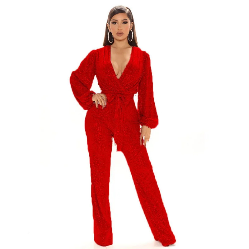 Women's Jumpsuits Rompers Long Sleeve Jumpsuit Women Sexy V Neck Sequins Casual Overalls Female High Waist Playsuit Elegant Ladies Party Wide Leg