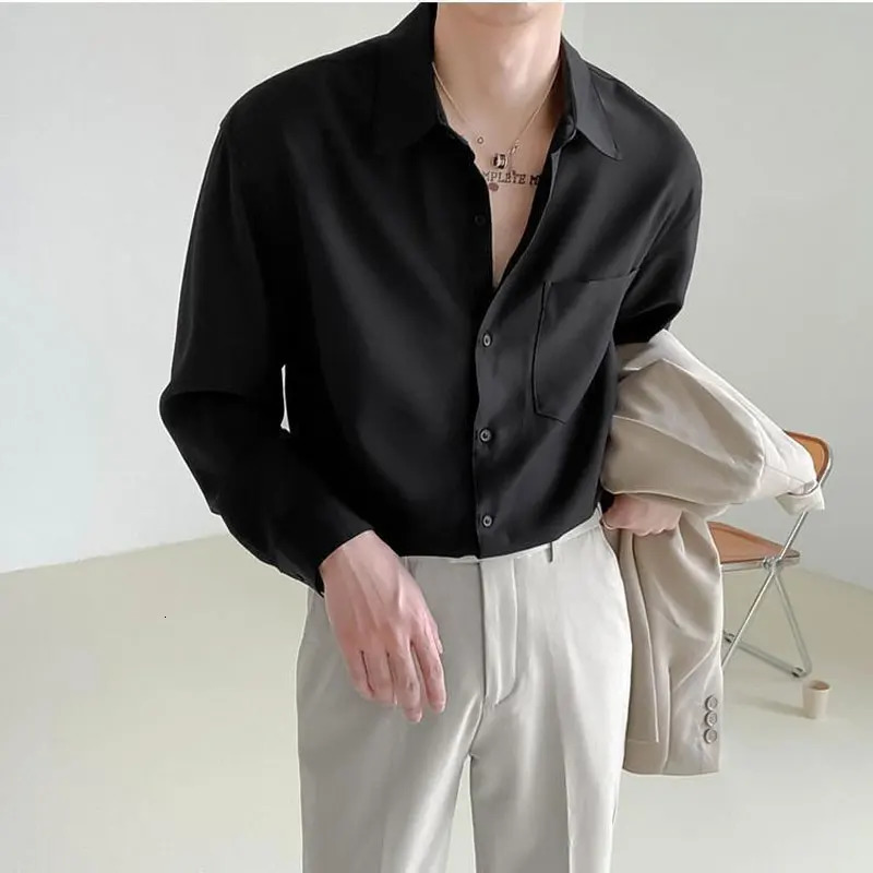 Men's Casual Shirts Solid Color Long Sleeve Shirt POLO Collar Single Breasted Loose Casual Fashion Korean Spring and Autumn Men's Clothing P