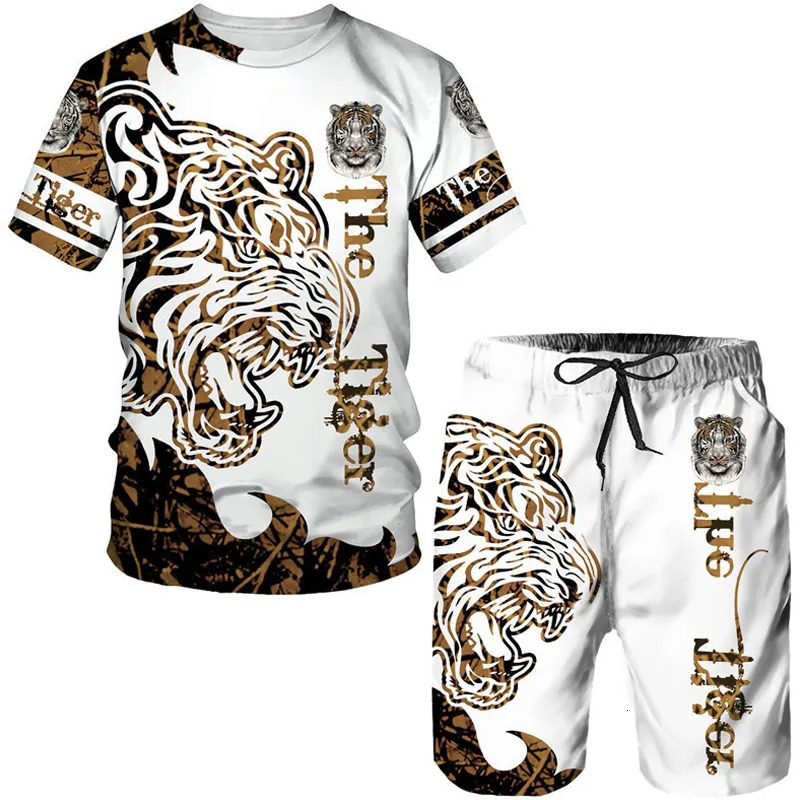 Men's Tracksuits Summer Men's 3D Tiger Print Men's T-shirt Suit Casual Sportswear Streetwear Male Clothing Tracksuit Outfit Shorts 2 Pi