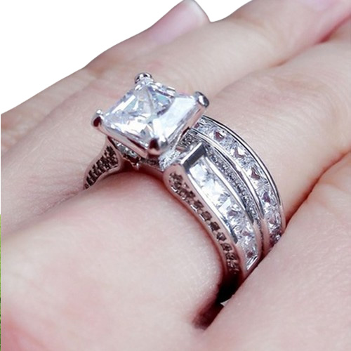 Luxury Size 5678910 Jewelry 10kt white gold filled Topaz Princess cut simulated Diamond Wedding Ring set gift with