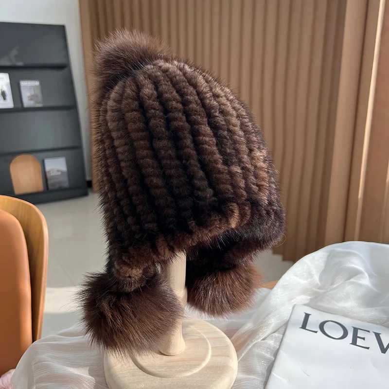 Beanie/Skull Caps Winter hot selling womens real mink fur hats knitted mink fur ears warm C spiral bear C top with fox fur fluffy J240711