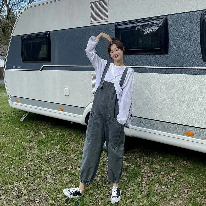 Women's Jumpsuits Rompers Rompers Denim Pant Women's Spring And Autumn Loose Beam Leg Ankle Length Wide Leg Pants Trend Jeans Lady Overalls 