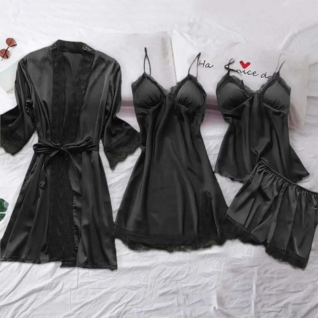 Women's Sleepwear Satin Womens Suit Nightdress Gown Vneck Lace Silk Pijama Cami Robe Home Set Nighties Spring Pajamas Nightwear Sleep Wear 231201
