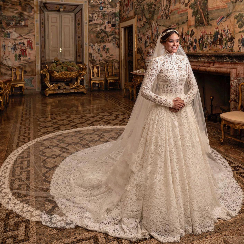 Newest Lace A Line Wedding Dress 2024 High Neck Long Sleeve Church Weedding Gown Front Button Princess Bridal Dresses