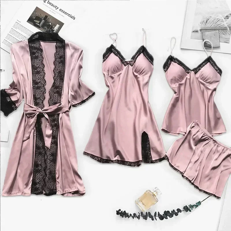 Women's Sleepwear Satin Womens Suit Nightdress Gown Vneck Lace Silk Pijama Cami Robe Home Set Nighties Spring Pajamas Nightwear Sleep Wear 231201