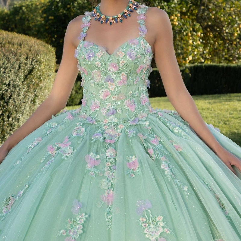 Green Shiny Spaghetti Straps Ball Gown Quinceanera Dresses Applique Lace Crystal Beading Ribbons Corset Vestido De Anos