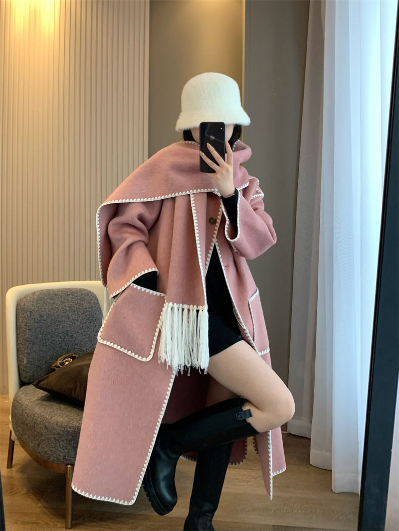 T0te rabbit hair+silk+wool scarf medium length tassel double-sided woolen coat
