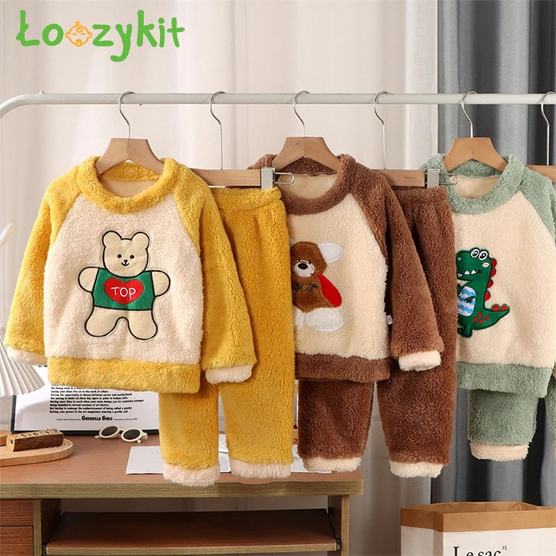 Pajamas Baby Clothes Boys Girls Pajamas Set Autumn Winter Thicken Flannel Toddler Child Warm Cartoon Sleepwear 2pcs Kids Home Suit 231202