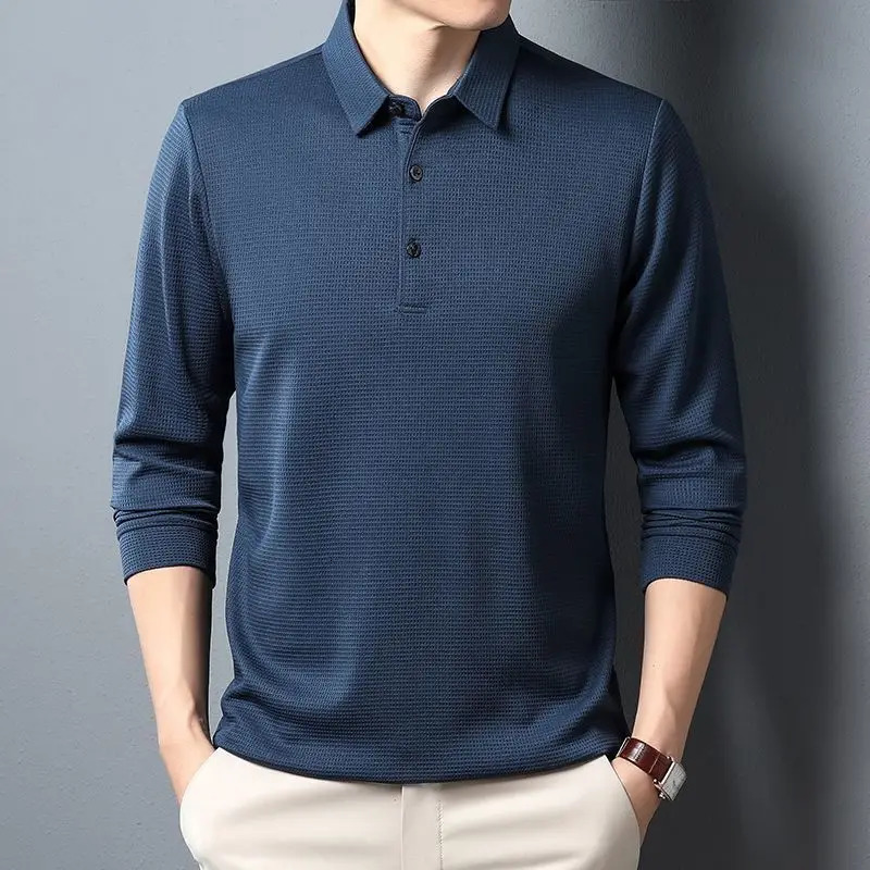 Men's Polos SHiONFA Men's Waffle Long Sleeve Solid T-shirt Elasticity Leisure Autumn Clothing Comfy Turn Down Collar Casual Polo Shirts 4XL 