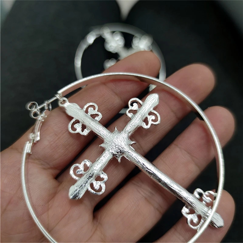 Charm KUGUYS Big Hoop Cross Dangle Earring for Women Drop Metal Crystals Gold Silver Color Jewelry Round Vintage Accessories 231202