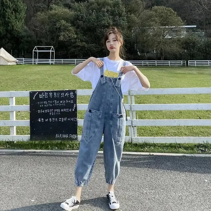 Women's Jumpsuits Rompers Rompers Denim Pant Women's Spring And Autumn Loose Beam Leg Ankle Length Wide Leg Pants Trend Jeans Lady Overalls 