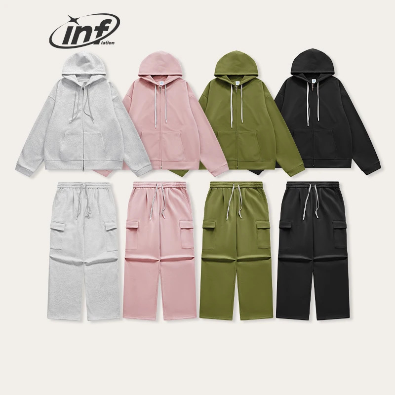 Men's Tracksuits INFLATION Unisex Harajuk Oversized Tracksuit Trendy Pink Cargo Pants and Hooded Jacket Set Mens Hooodie Set 231202
