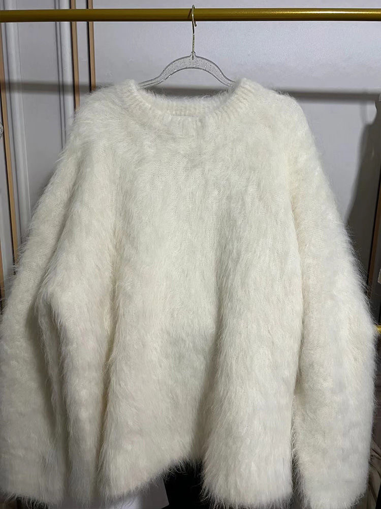 Xiaoxiang Maj-e White Round Neck Mink Plush Sweater Women's Autumn/Winter Pullover Loose and Lazy Soft Glutinous Winter Thickened Milk Knitwear