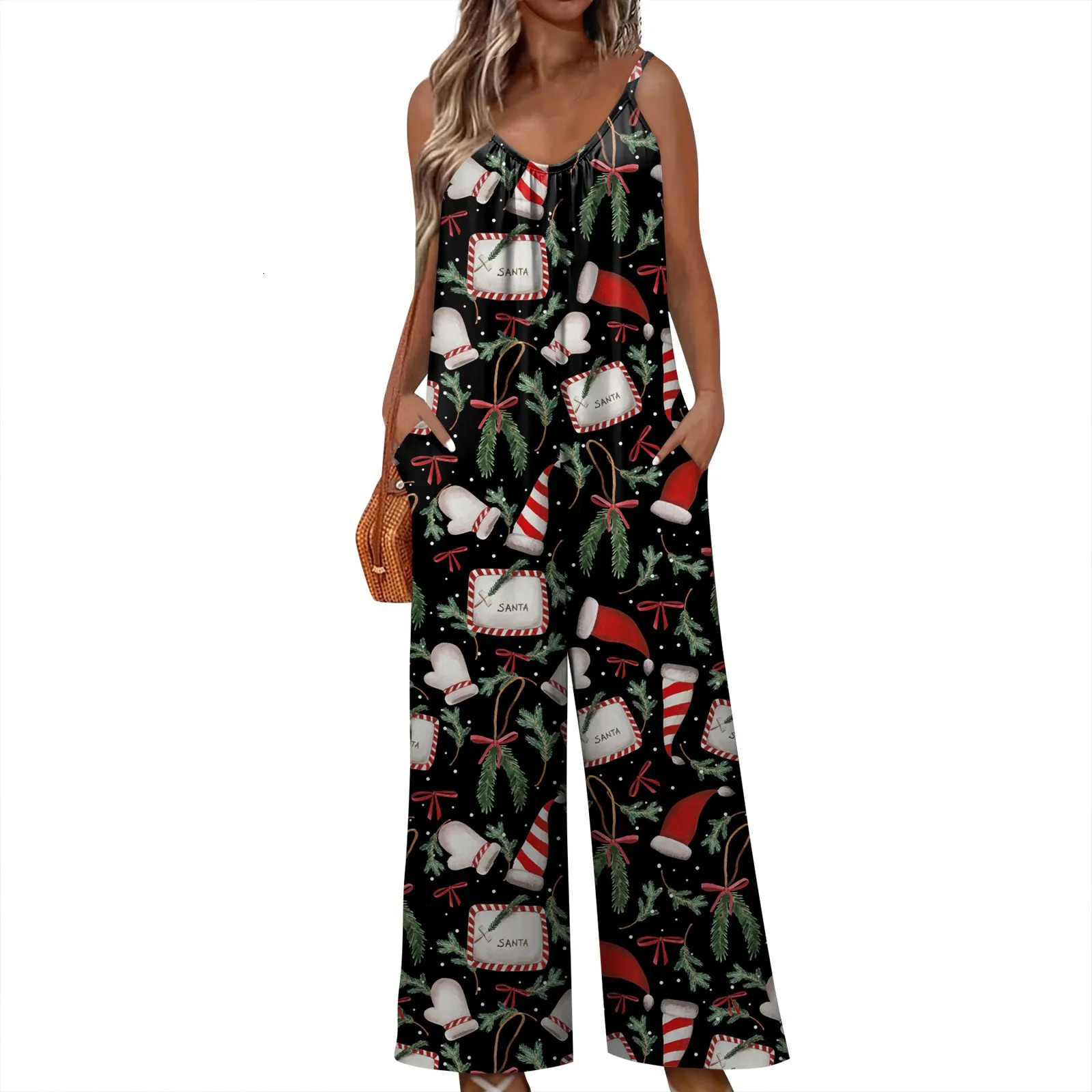 Women's Jumpsuits Rompers S-3xl Sleeveless Jumpsuit For Women Christmas Printed Loose Versatile Sling Rompers Wide Leg Adjustable Suspender Jumps