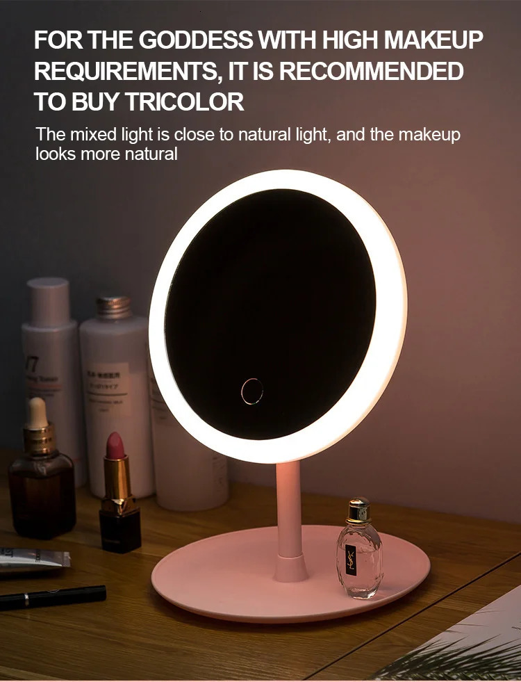 Compact Mirrors LED Makeup Mirror With Light Lamp With Storage Desktop Rotating Cosmetic Mirror Light Adjustable Dimming USB Vanity Mirror 231202