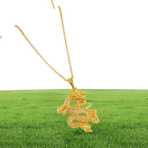 Micro Inlaid Zircon Dragon Pendant Chain 18k Yellow Gold Filled Fashion Womens Mens Pendant Necklace