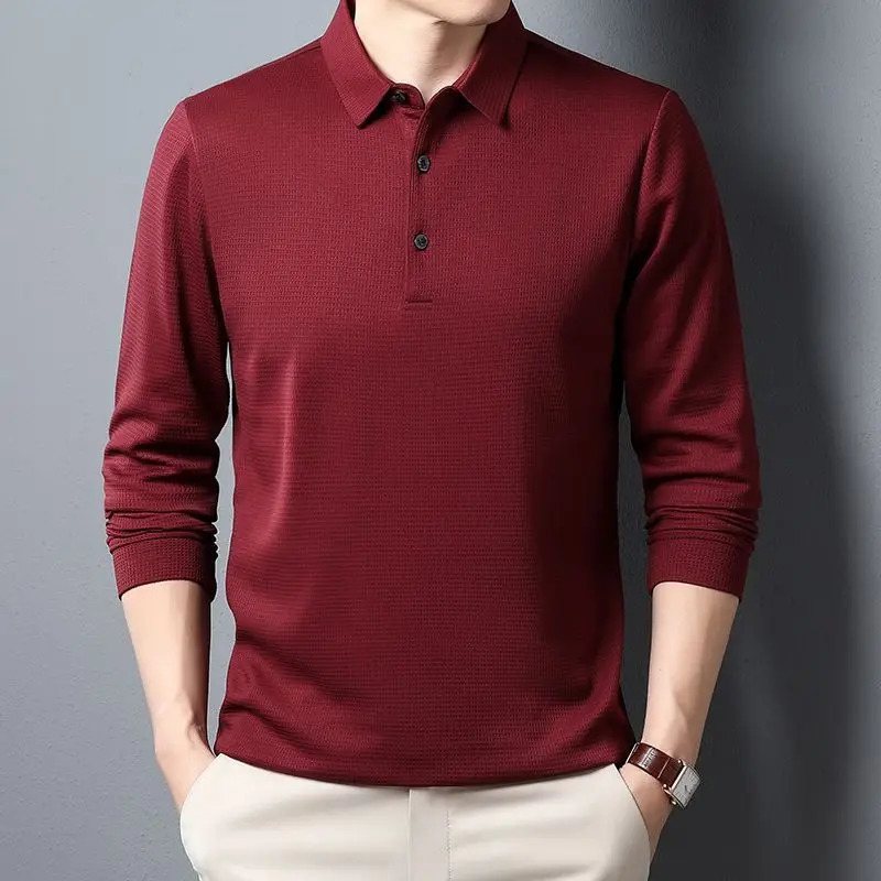 Men's Polos SHiONFA Men's Waffle Long Sleeve Solid T-shirt Elasticity Leisure Autumn Clothing Comfy Turn Down Collar Casual Polo Shirts 4XL 
