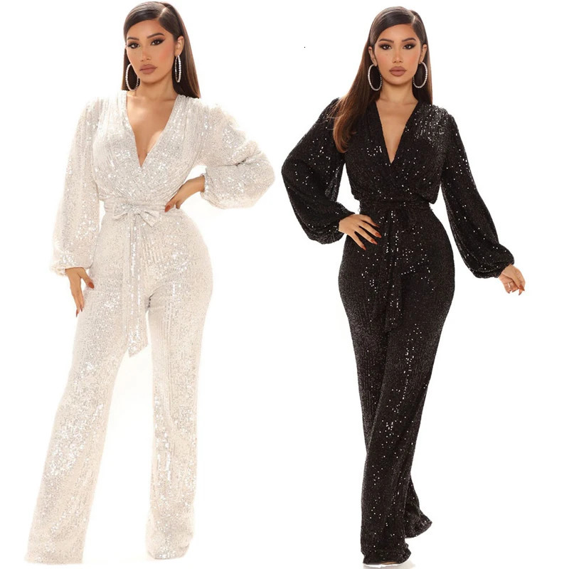 Women's Jumpsuits Rompers Long Sleeve Jumpsuit Women Sexy V Neck Sequins Casual Overalls Female High Waist Playsuit Elegant Ladies Party Wide Leg