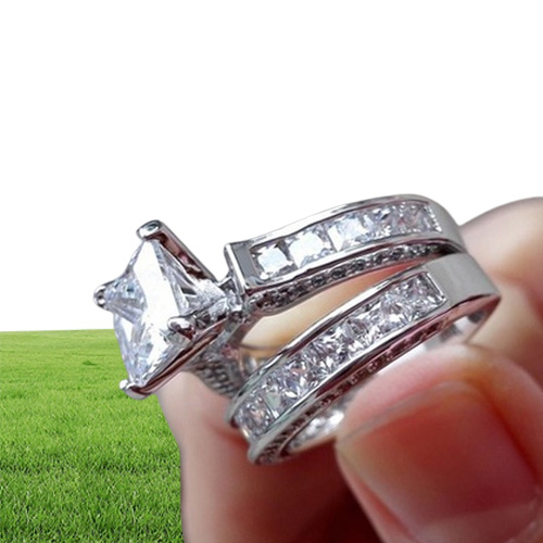 Luxury Size 5678910 Jewelry 10kt white gold filled Topaz Princess cut simulated Diamond Wedding Ring set gift with