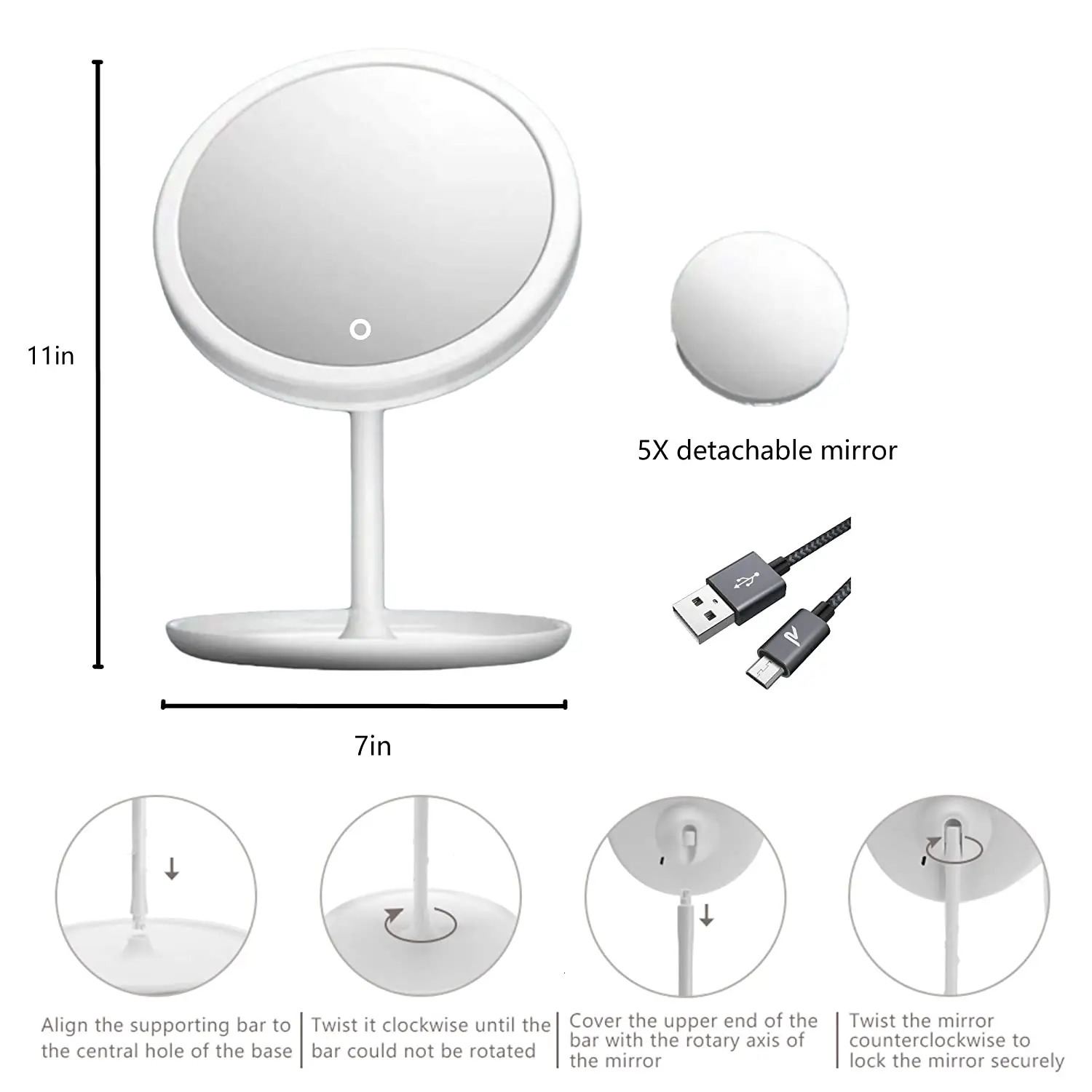 Compact Mirrors LED Makeup Mirror With Light Lamp With Storage Desktop Rotating Cosmetic Mirror Light Adjustable Dimming USB Vanity Mirror 231202