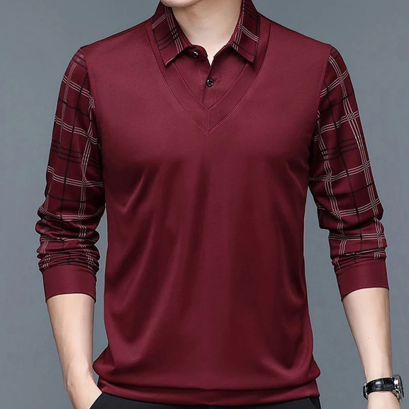 Men's Polos Spring Men's Long Sleeve POLO Shirt Plush Thickened Solid Color Turn-down Collar Shirt Plaid Button Fashion Casual Tops 231202