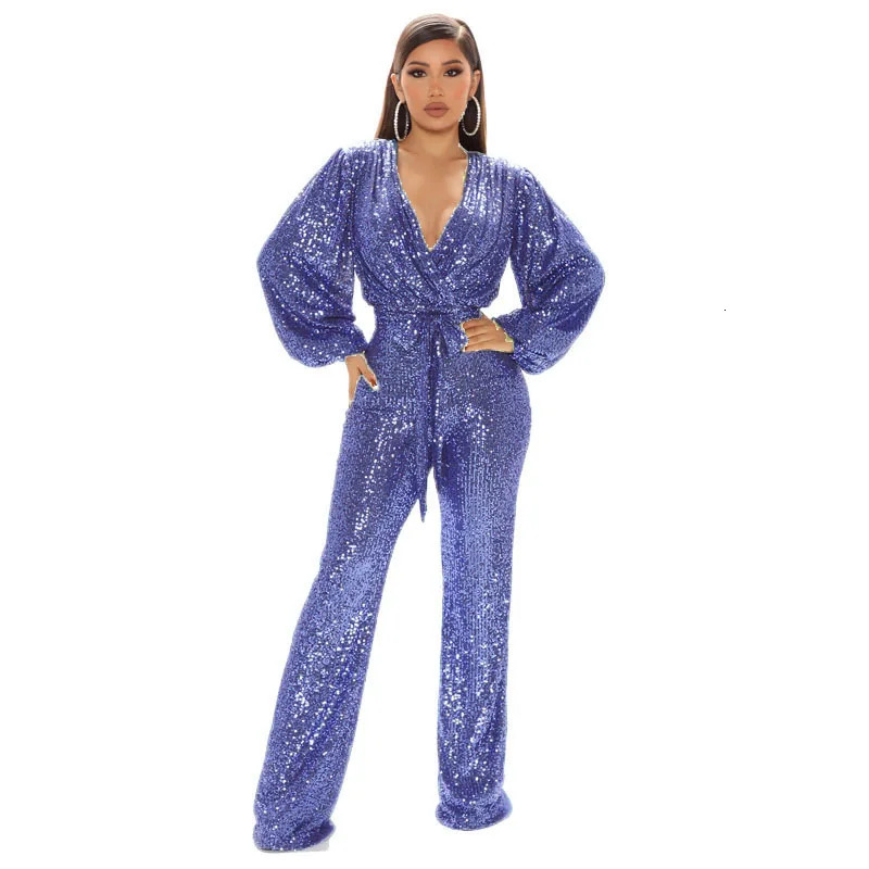 Women's Jumpsuits Rompers Long Sleeve Jumpsuit Women Sexy V Neck Sequins Casual Overalls Female High Waist Playsuit Elegant Ladies Party Wide Leg