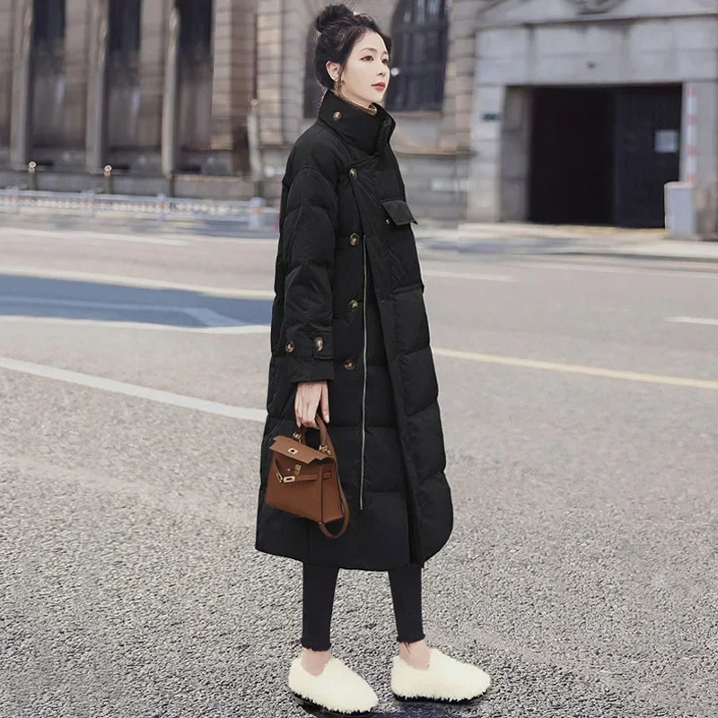 Women's Down Parkas Stand Collar Windproof Coats Winter Women Buttons Big Pockets Long Parka Thickened Warmer Cotton Jacket Korean Puffer 231201